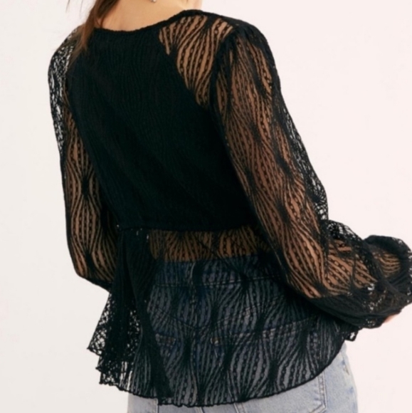 Free People Black Long Sleeve Flowy Low Cut Lace Top w/Bow - Picture 7 of 14